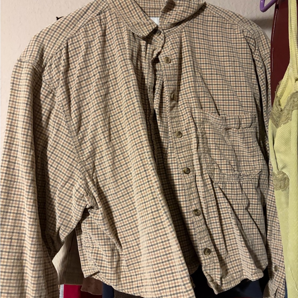 American Eagle Outfitters Beige and Light Blue Plaid Button-Up Top